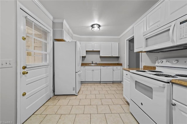 kitchen with white appliances, white cabinetry, crown molding, and a sink