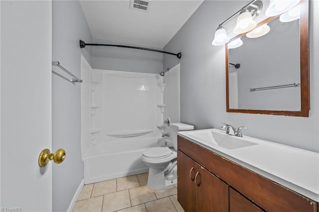 bathroom featuring toilet, bathing tub / shower combination, vanity, visible vents, and tile patterned floors