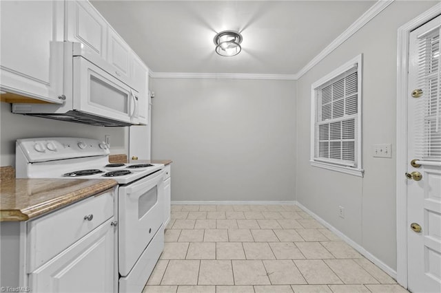 kitchen with baseboards, white appliances, white cabinetry, and crown molding