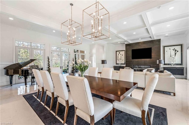 dining area with beam ceiling, a large fireplace, and coffered ceiling