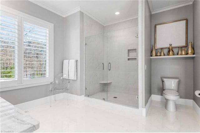 bathroom featuring toilet, ornamental molding, a healthy amount of sunlight, and a shower with door