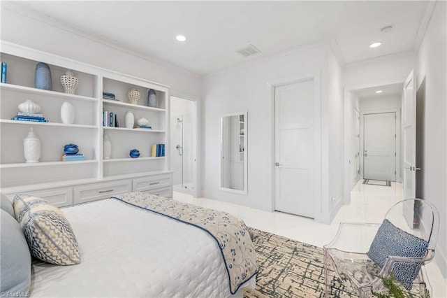 bedroom with crown molding