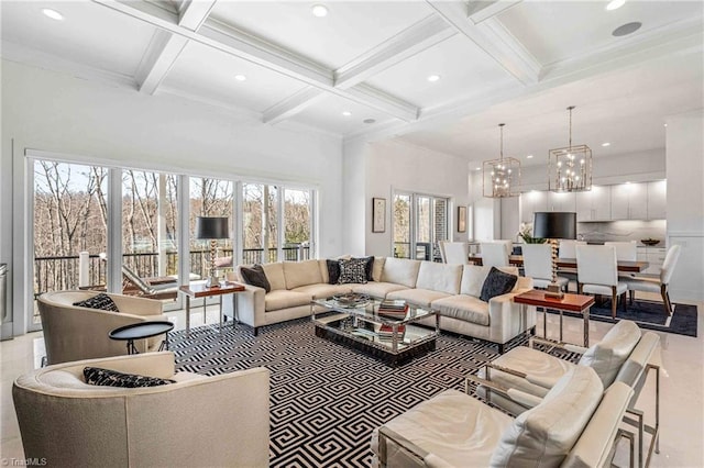 tiled living room with a high ceiling, a notable chandelier, beamed ceiling, and coffered ceiling