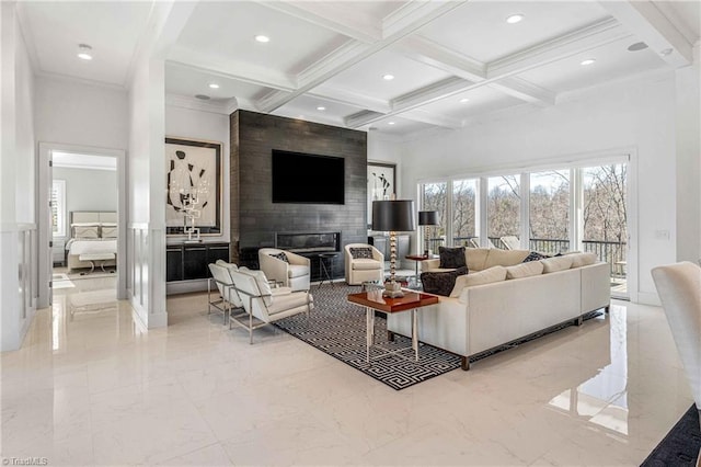 living room with crown molding, a fireplace, coffered ceiling, and beamed ceiling