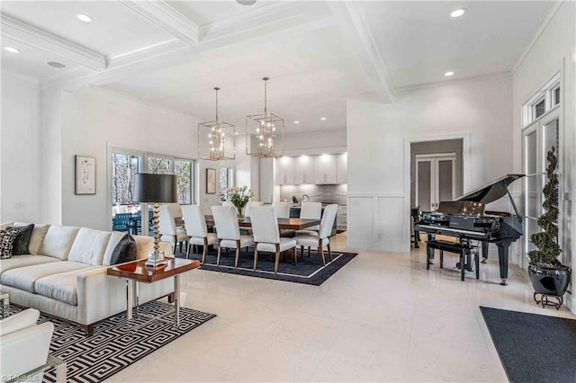 living room featuring ornamental molding, beam ceiling, and coffered ceiling