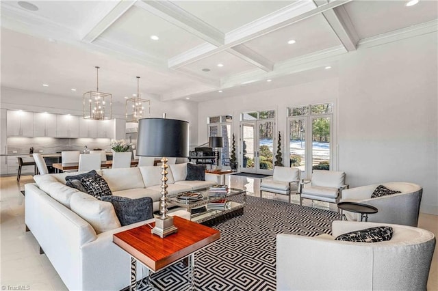 living room featuring crown molding, beam ceiling, and coffered ceiling