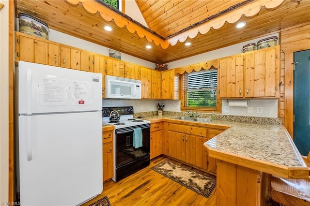 240 Deer Knoll Dr, Piney Creek, NC 28663 - kitchen featuring white appliances, wood ceiling, light wood-style flooring, light countertops, and a peninsula