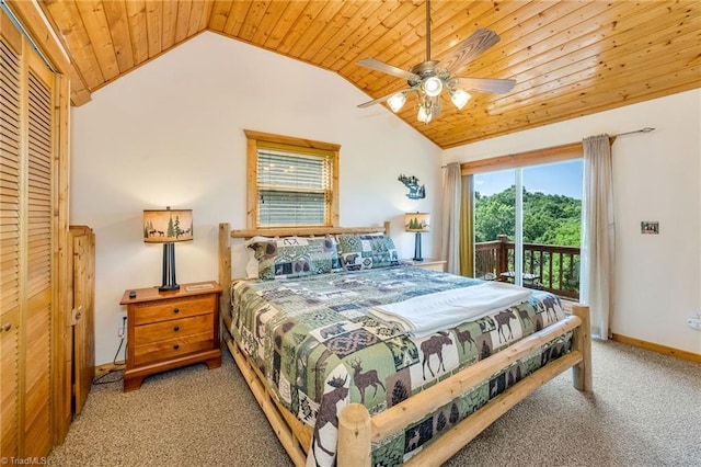 240 Deer Knoll Dr, Piney Creek, NC 28663 - carpeted bedroom with access to outside, vaulted ceiling, wood ceiling, and a ceiling fan