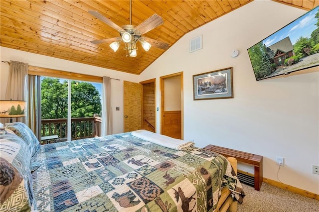240 Deer Knoll Dr, Piney Creek, NC 28663 - bedroom with wood ceiling, vaulted ceiling, carpet, access to exterior, and ceiling fan