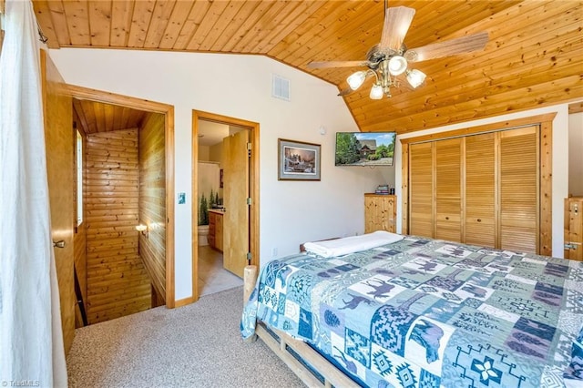 240 Deer Knoll Dr, Piney Creek, NC 28663 - bedroom featuring wooden ceiling, lofted ceiling, carpet flooring, a closet, and ceiling fan
