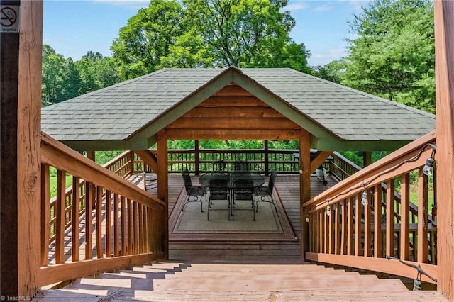 240 Deer Knoll Dr, Piney Creek, NC 28663 - deck featuring a gazebo, outdoor dining area, and stairs
