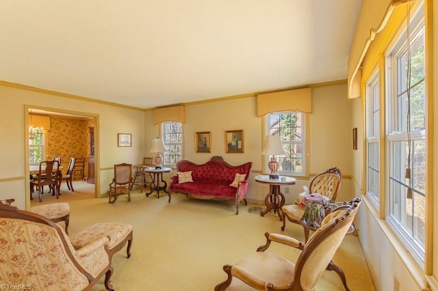 living room featuring carpet and crown molding