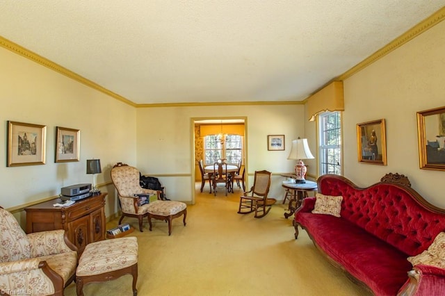 carpeted living area featuring a textured ceiling and ornamental molding