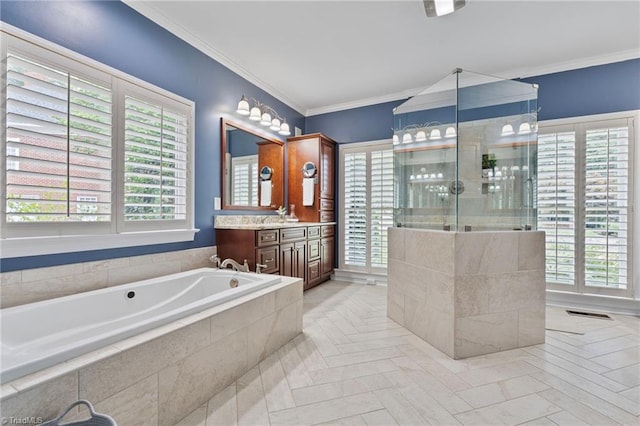 bathroom featuring vanity, plenty of natural light, and independent shower and bath