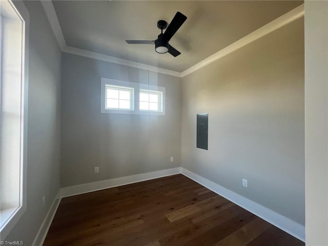 unfurnished room with ornamental molding, ceiling fan, and dark wood-type flooring