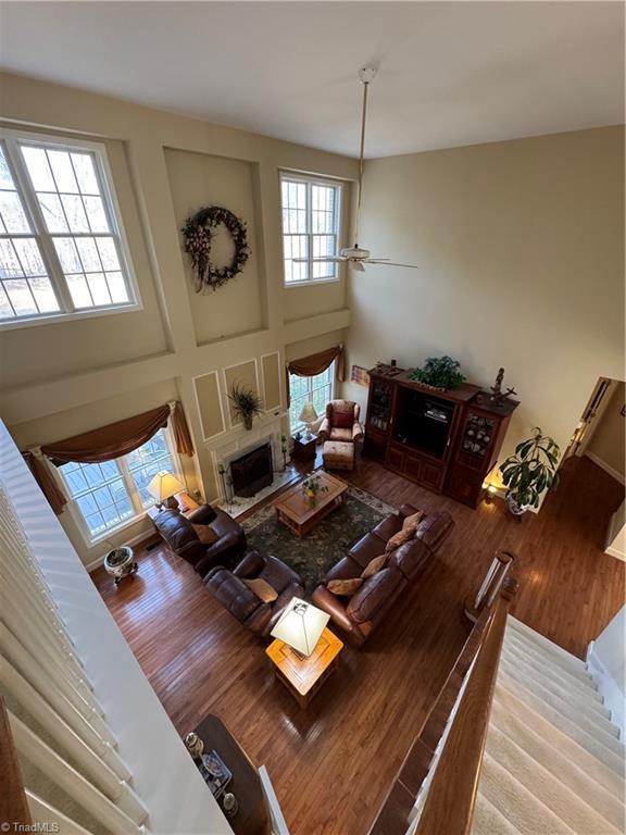 living room featuring hardwood / wood-style floors and a high ceiling