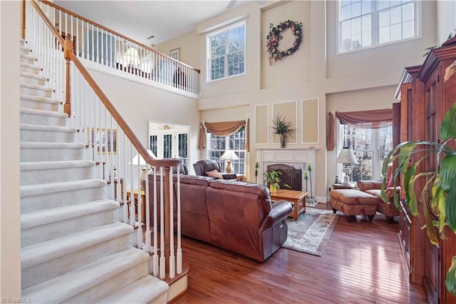 living room featuring hardwood / wood-style floors and a high ceiling