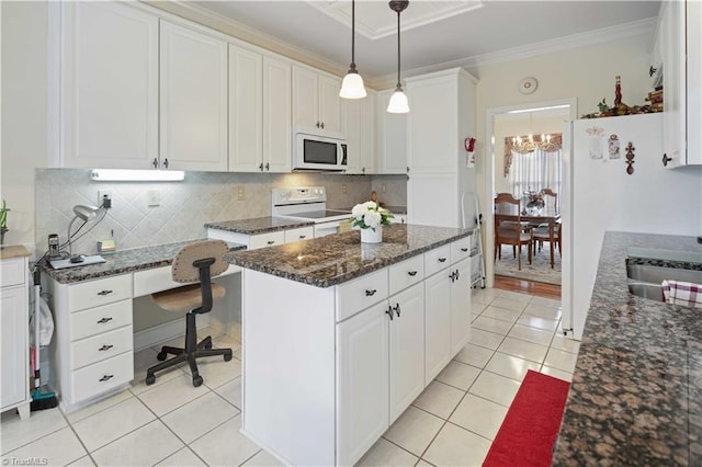 kitchen featuring white cabinetry, hanging light fixtures, white appliances, and light tile patterned flooring