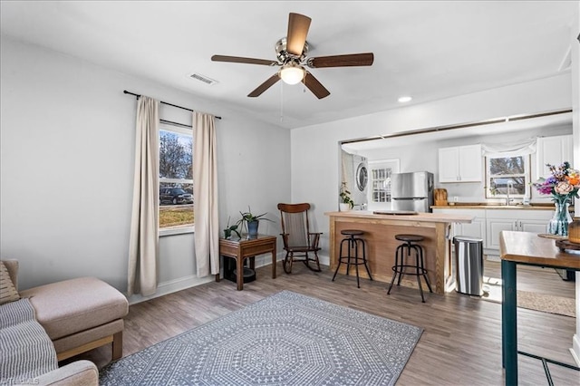 sitting room with wood-type flooring, ceiling fan, and sink