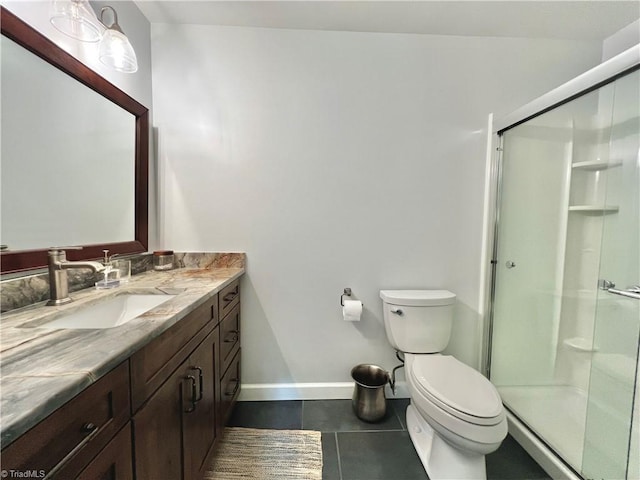 4003 Honey Locust Ct, Greensboro, NC 27410 - bathroom with vanity, a shower stall, toilet, tile patterned flooring, and baseboards