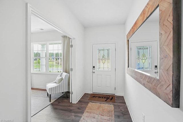 doorway featuring dark wood-type flooring