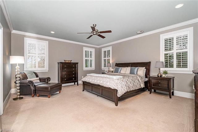 bedroom featuring baseboards, ornamental molding, light carpet, recessed lighting, and a ceiling fan