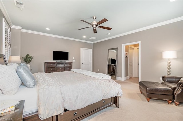 bedroom featuring a ceiling fan, recessed lighting, crown molding, baseboards, and light colored carpet