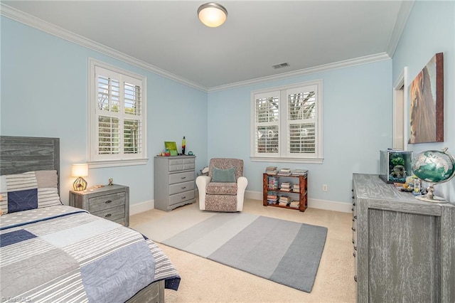 bedroom featuring visible vents, baseboards, light colored carpet, and ornamental molding