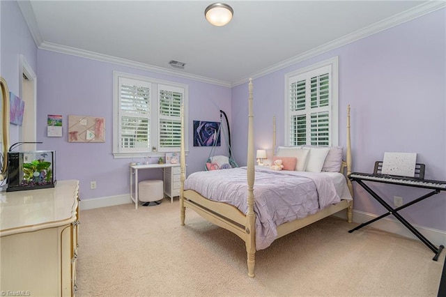 bedroom with ornamental molding, visible vents, baseboards, and light carpet