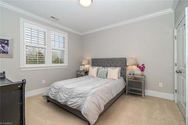 bedroom featuring visible vents, baseboards, carpet, and ornamental molding