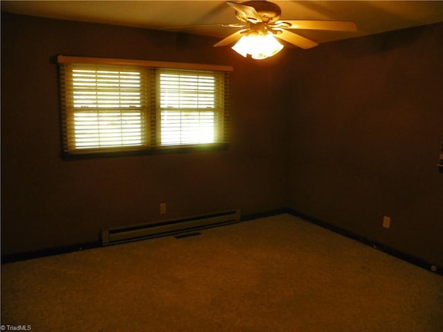 carpeted spare room featuring ceiling fan and a baseboard heating unit