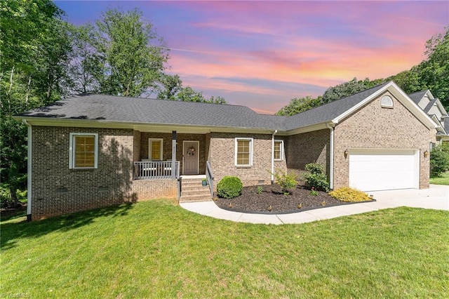 817 Jefferson Rd, Greensboro, NC 27410 - ranch-style house featuring covered porch, a garage, concrete driveway, and brick siding