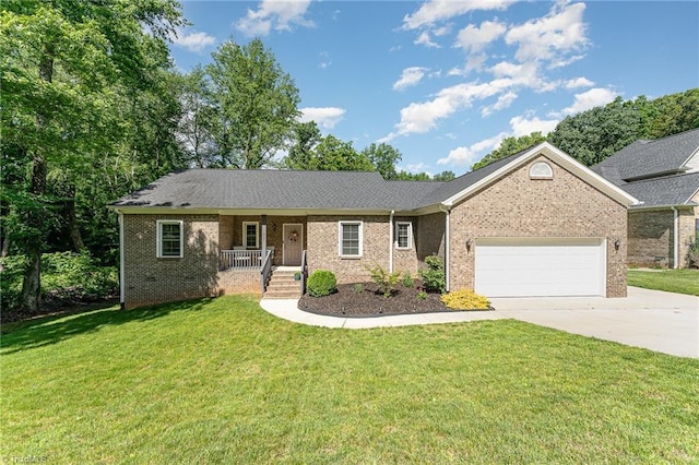 817 Jefferson Rd, Greensboro, NC 27410 - ranch-style home featuring concrete driveway, an attached garage, brick siding, and a front lawn