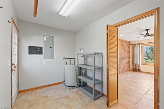 laundry area featuring ceiling fan, brick wall, electric water heater, and electric panel