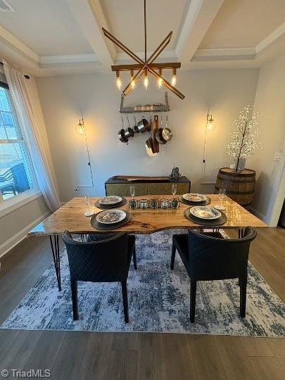 dining space with coffered ceiling, dark hardwood / wood-style floors, and ornamental molding