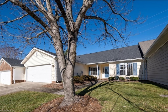 single story home with a front yard and a garage