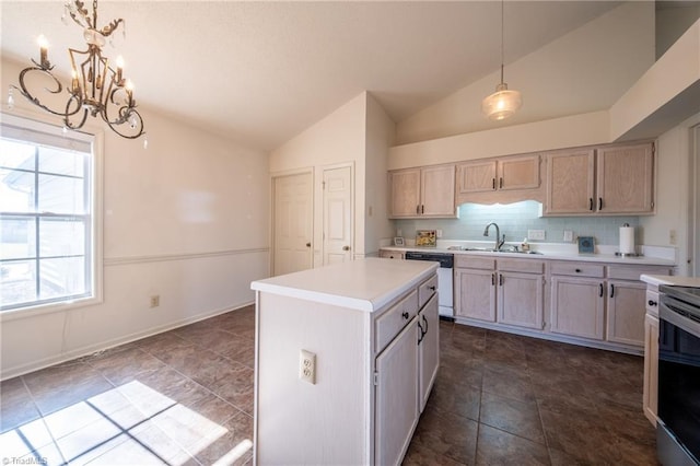 kitchen with dishwasher, sink, hanging light fixtures, vaulted ceiling, and decorative backsplash