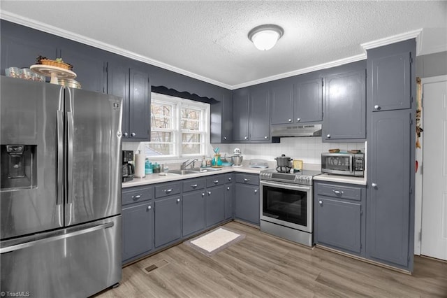 kitchen featuring appliances with stainless steel finishes, sink, light hardwood / wood-style flooring, and backsplash