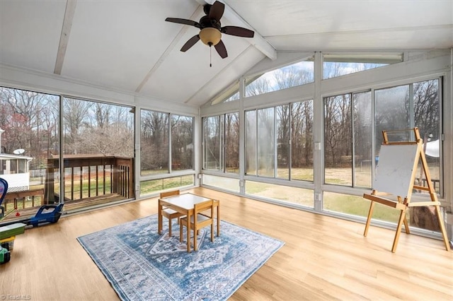 sunroom / solarium featuring vaulted ceiling with beams, a healthy amount of sunlight, and a ceiling fan