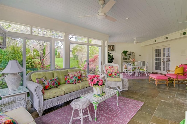 sunroom / solarium featuring ceiling fan and wood ceiling