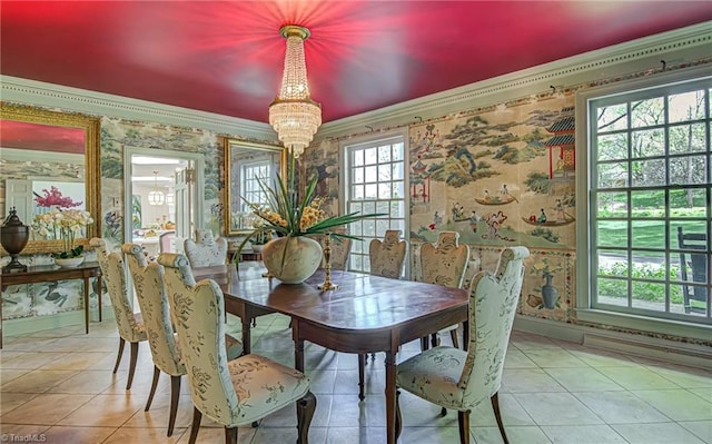 dining room featuring crown molding, a chandelier, plenty of natural light, and light tile patterned floors