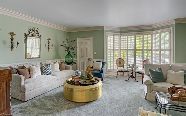 living room with carpet, ornamental molding, and plenty of natural light