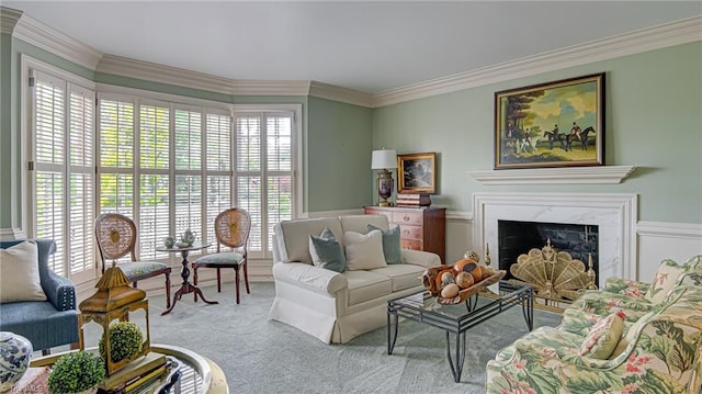 carpeted living room with a healthy amount of sunlight, ornamental molding, and a fireplace