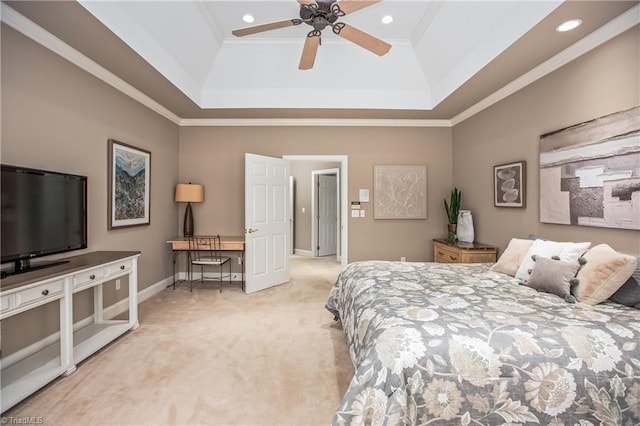 bedroom with light carpet, recessed lighting, crown molding, and baseboards