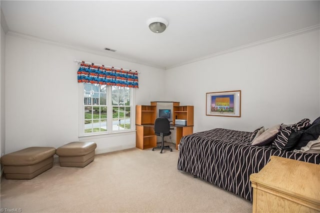 bedroom featuring visible vents, light colored carpet, and ornamental molding