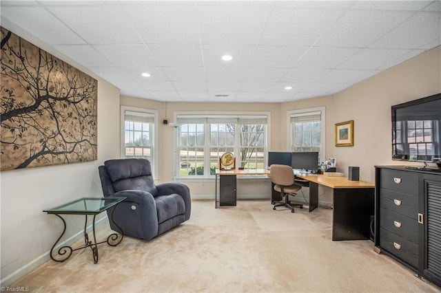 carpeted office featuring recessed lighting, a paneled ceiling, and baseboards