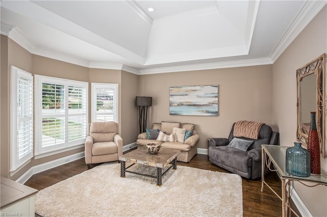 living room with baseboards, dark wood-style flooring, and crown molding