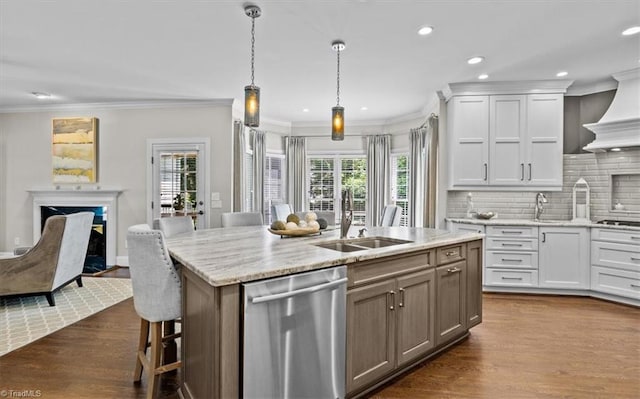 1905 Regents Park Ln, Greensboro, NC 27455 - kitchen featuring stainless steel dishwasher, a sink, a fireplace, dark wood-style flooring, and plenty of natural light
