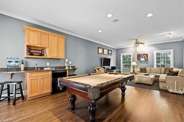 1905 Regents Park Ln, Greensboro, NC 27455 - rec room featuring bar with sink, crown molding, dark wood finished floors, pool table, and recessed lighting