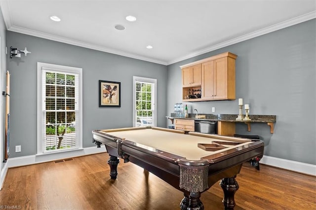 1905 Regents Park Ln, Greensboro, NC 27455 - game room with wet bar, baseboards, crown molding, wood finished floors, and billiards table